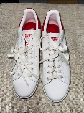*New Never Worn* Adidas White Sneakers with Red Heel and Tongue Detail